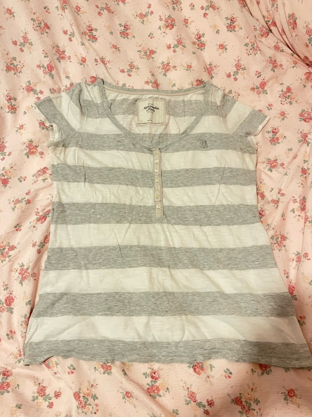Abercrombie & Fitch Striped Henley Tee - Gray & White